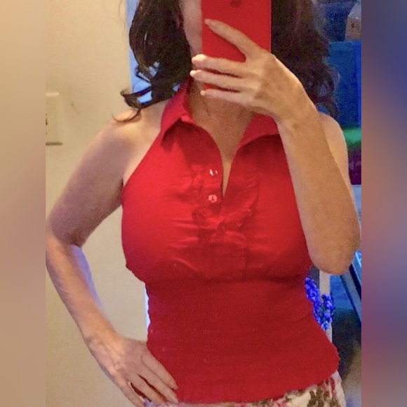 RETRO RED COTTON HALTER Tuxedo TOP w/ruffles- XS - Picture 5 of 11